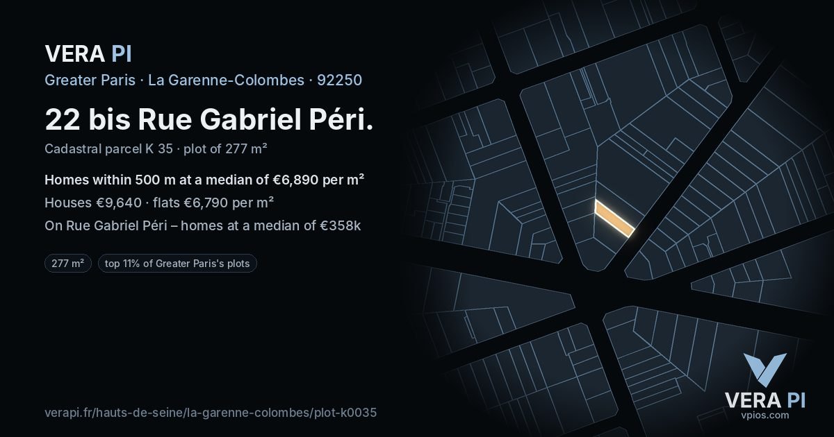 22 bis Rue Gabriel Péri, La Garenne-Colombes at night – the plot lit, the parcels around coloured by the prices near them