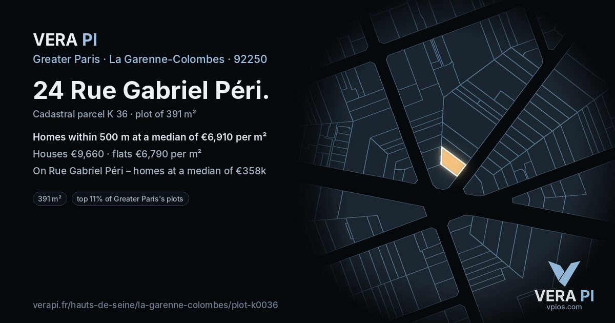 24 Rue Gabriel Péri, La Garenne-Colombes at night – the plot lit, the parcels around coloured by the prices near them