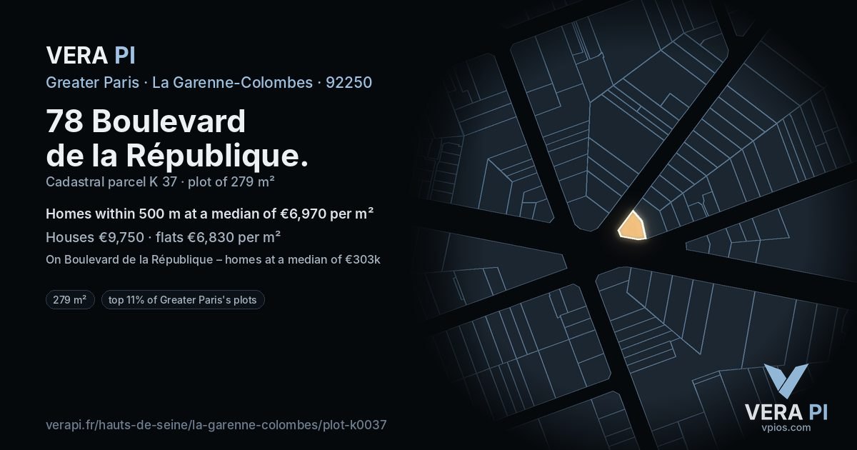 78 Boulevard de la République, La Garenne-Colombes at night – the plot lit, the parcels around coloured by the prices near them