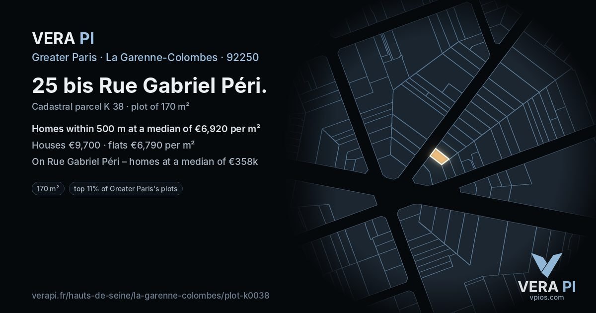 25 bis Rue Gabriel Péri, La Garenne-Colombes at night – the plot lit, the parcels around coloured by the prices near them