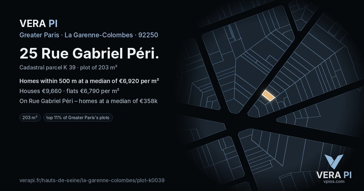 25 Rue Gabriel Péri, La Garenne-Colombes at night – the plot lit, the parcels around coloured by the prices near them