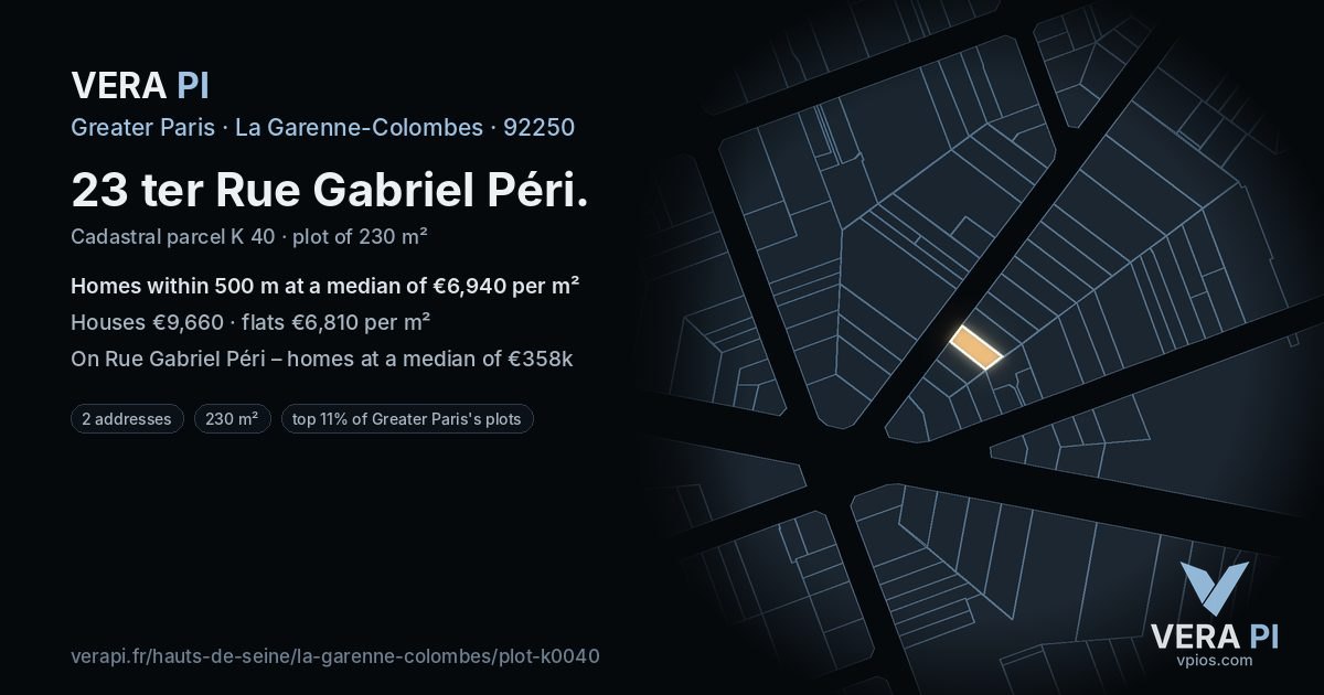 23 ter Rue Gabriel Péri, La Garenne-Colombes at night – the plot lit, the parcels around coloured by the prices near them