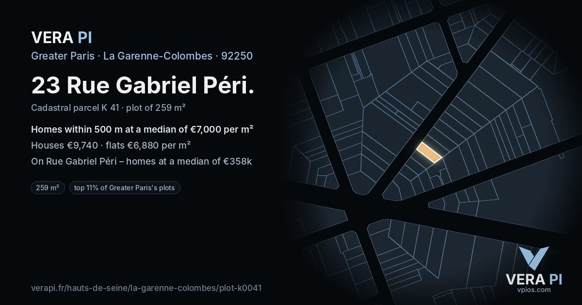 23 Rue Gabriel Péri, La Garenne-Colombes at night – the plot lit, the parcels around coloured by the prices near them