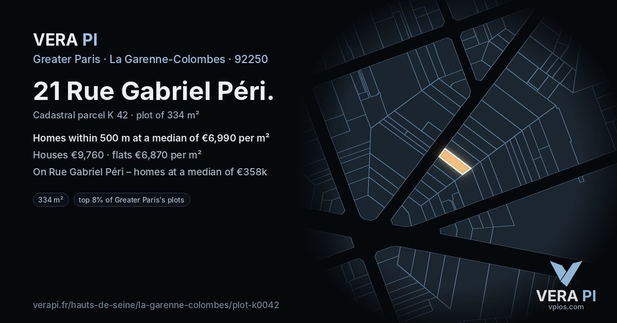 21 Rue Gabriel Péri, La Garenne-Colombes at night – the plot lit, the parcels around coloured by the prices near them