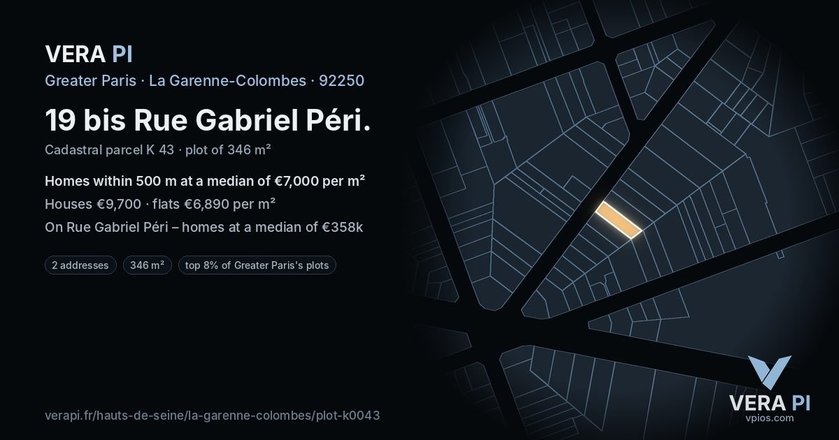 19 bis Rue Gabriel Péri, La Garenne-Colombes at night – the plot lit, the parcels around coloured by the prices near them