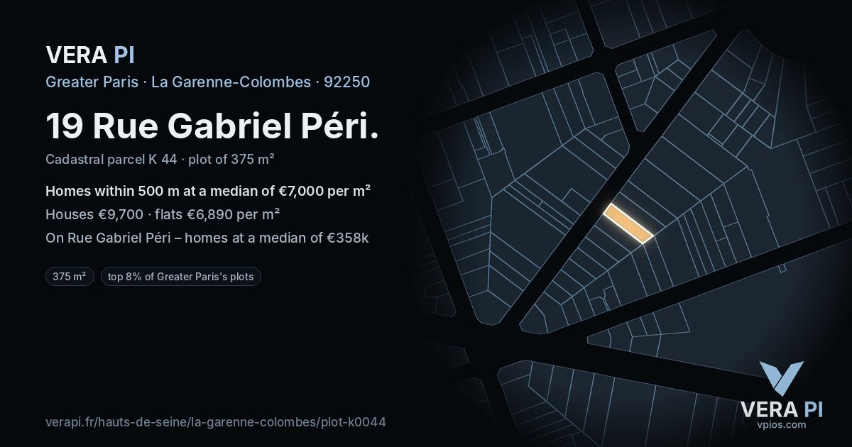 19 Rue Gabriel Péri, La Garenne-Colombes at night – the plot lit, the parcels around coloured by the prices near them