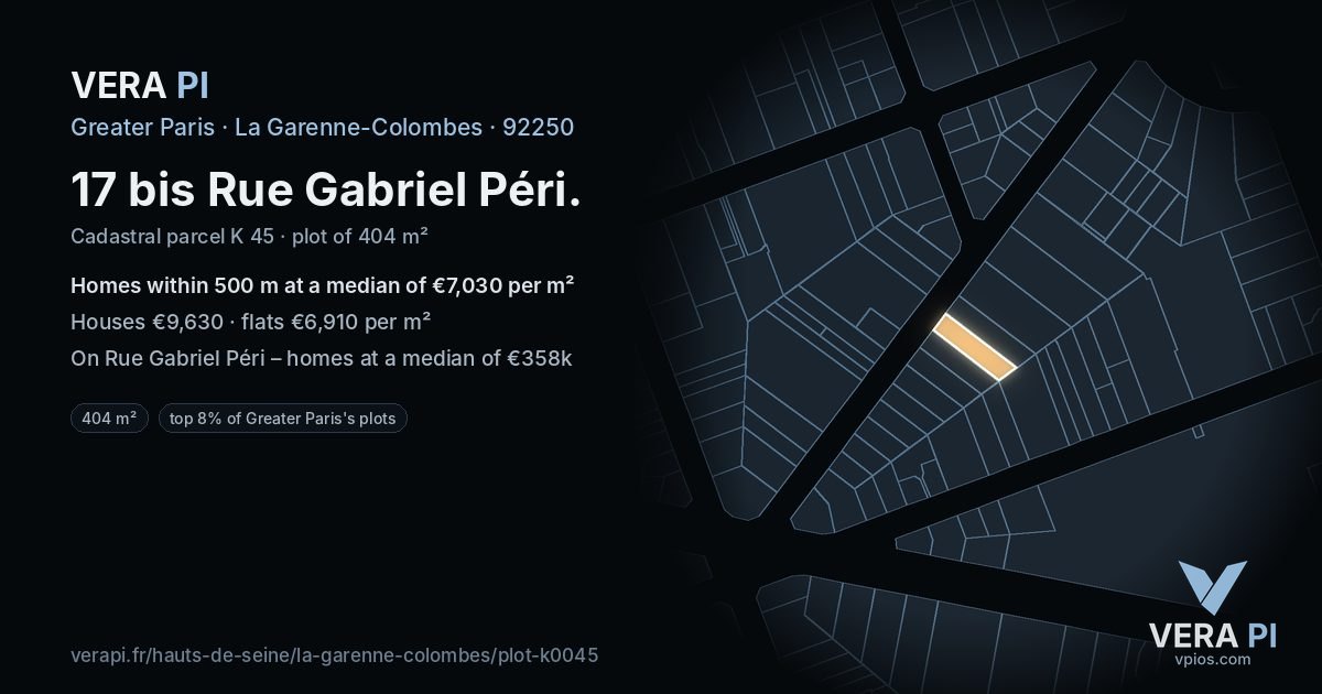 17 bis Rue Gabriel Péri, La Garenne-Colombes at night – the plot lit, the parcels around coloured by the prices near them