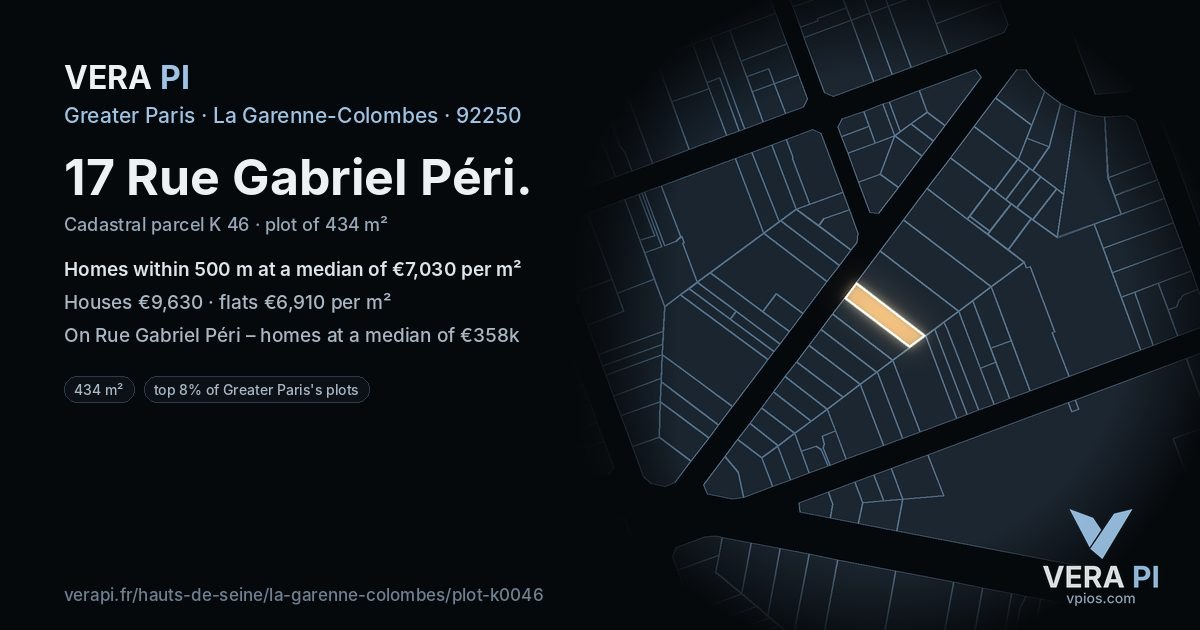 17 Rue Gabriel Péri, La Garenne-Colombes at night – the plot lit, the parcels around coloured by the prices near them