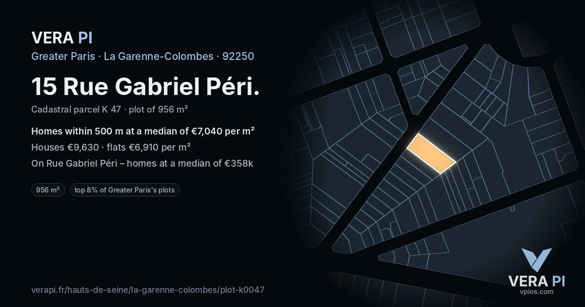 15 Rue Gabriel Péri, La Garenne-Colombes at night – the plot lit, the parcels around coloured by the prices near them
