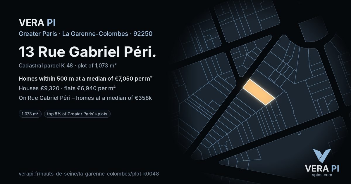 13 Rue Gabriel Péri, La Garenne-Colombes at night – the plot lit, the parcels around coloured by the prices near them
