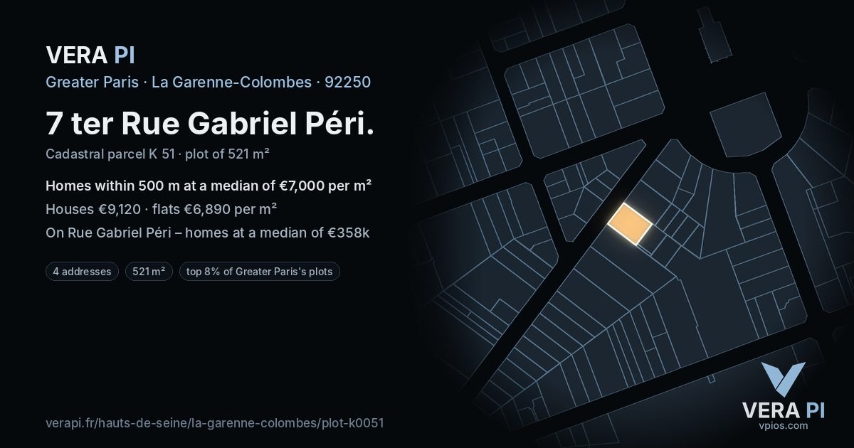 7 ter Rue Gabriel Péri, La Garenne-Colombes at night – the plot lit, the parcels around coloured by the prices near them