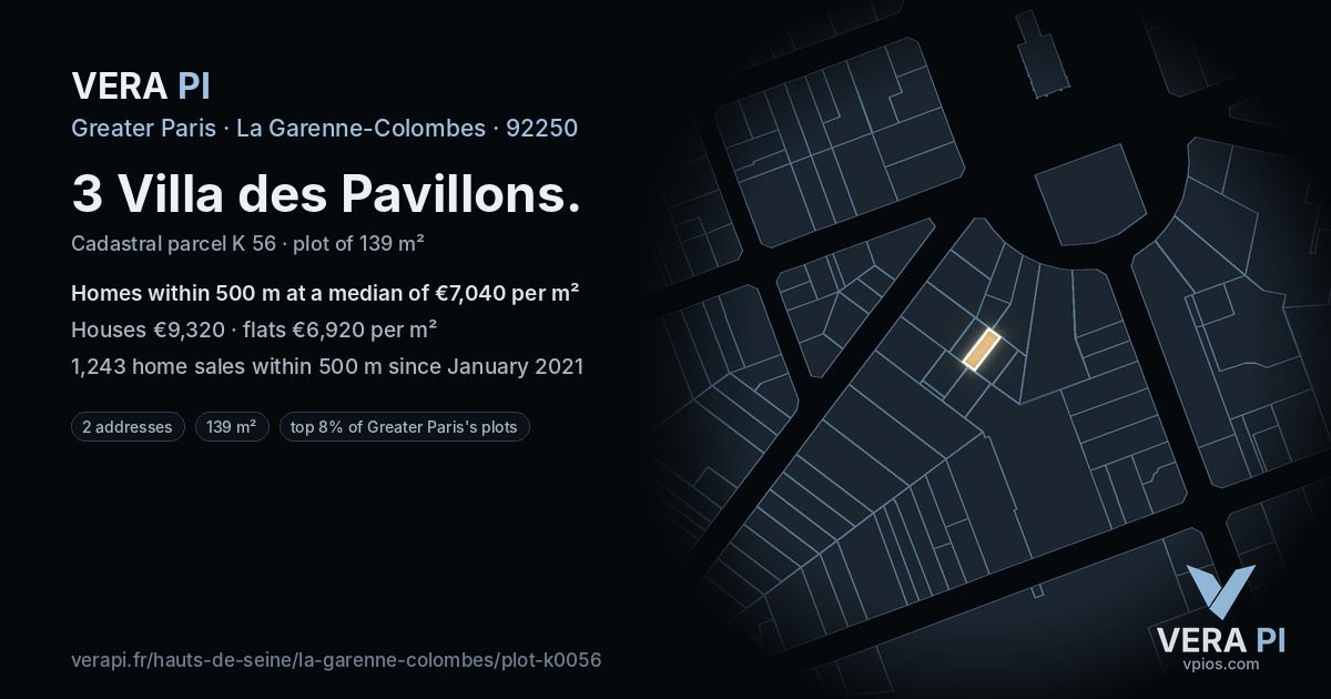 3 Villa des Pavillons, La Garenne-Colombes at night – the plot lit, the parcels around coloured by the prices near them
