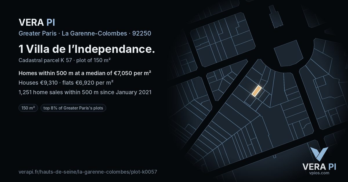 1 Villa de l’Independance, La Garenne-Colombes at night – the plot lit, the parcels around coloured by the prices near them