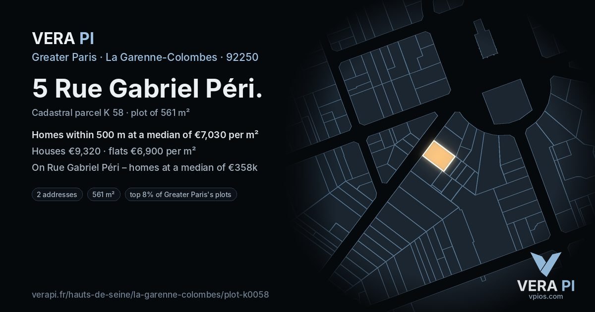 5 Rue Gabriel Péri, La Garenne-Colombes at night – the plot lit, the parcels around coloured by the prices near them