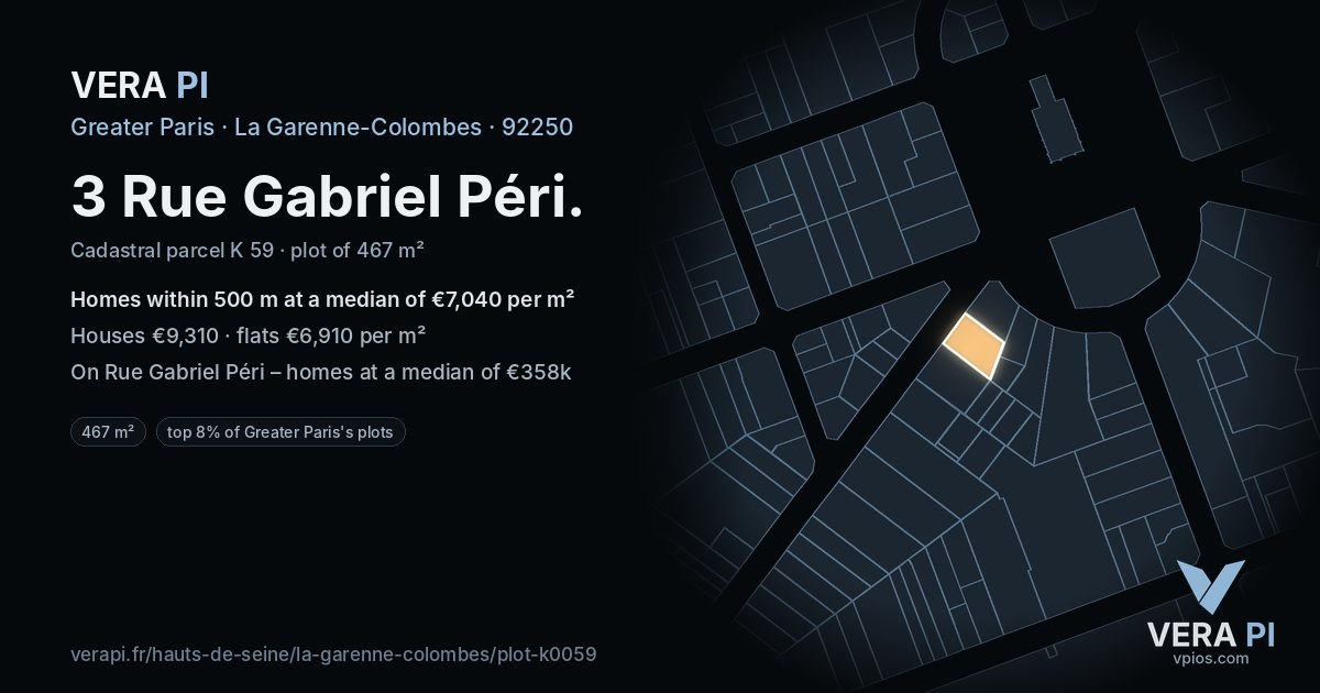 3 Rue Gabriel Péri, La Garenne-Colombes at night – the plot lit, the parcels around coloured by the prices near them