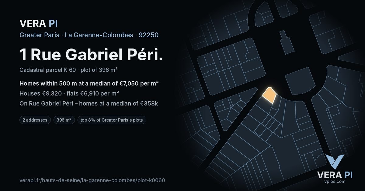 1 Rue Gabriel Péri, La Garenne-Colombes at night – the plot lit, the parcels around coloured by the prices near them