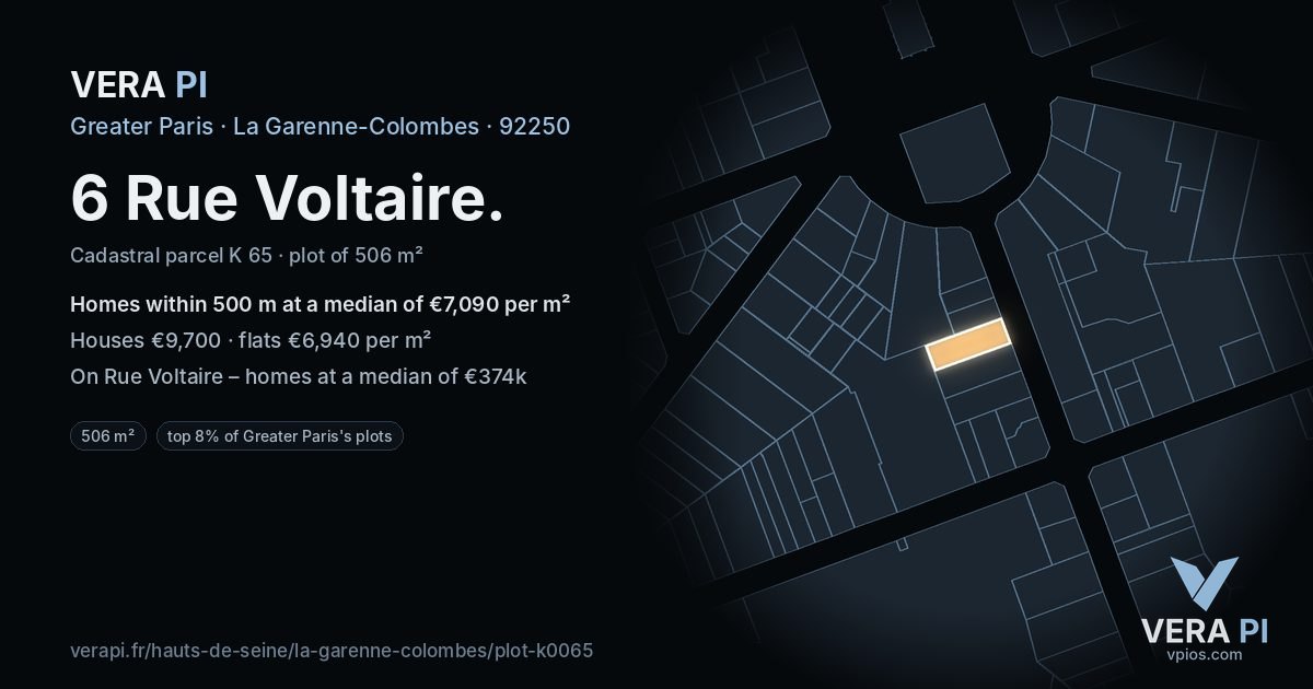 6 Rue Voltaire, La Garenne-Colombes at night – the plot lit, the parcels around coloured by the prices near them