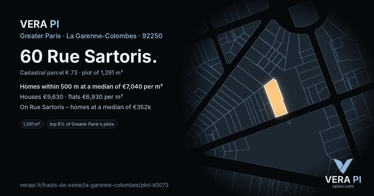 60 Rue Sartoris, La Garenne-Colombes at night – the plot lit, the parcels around coloured by the prices near them