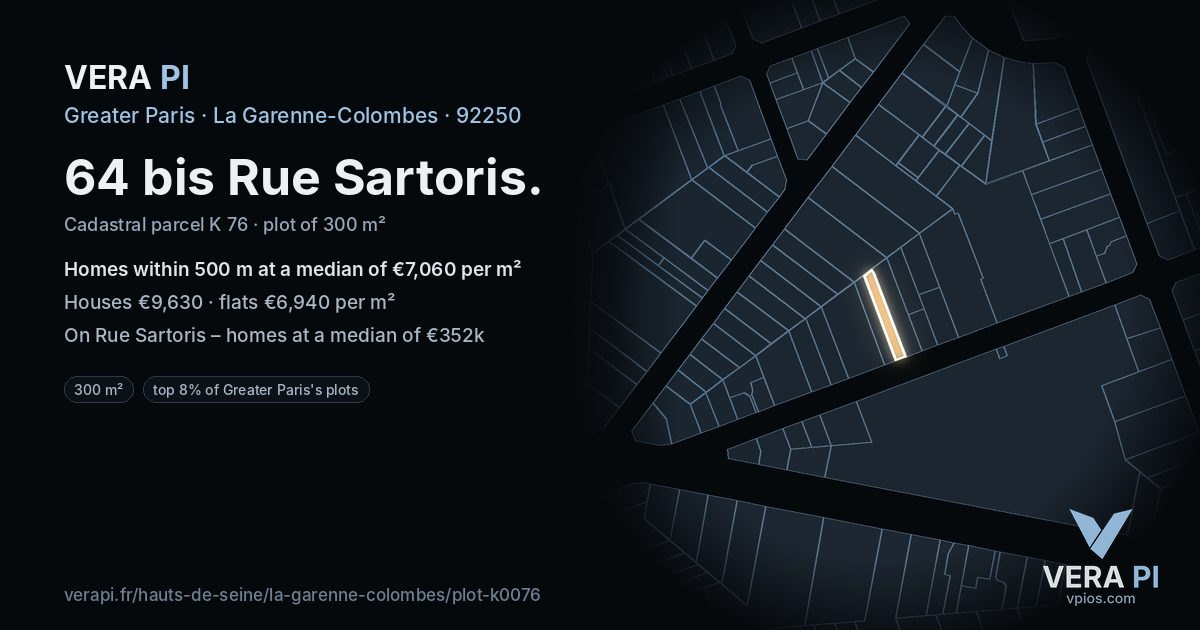 64 bis Rue Sartoris, La Garenne-Colombes at night – the plot lit, the parcels around coloured by the prices near them