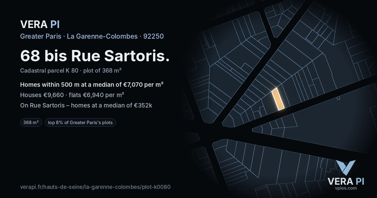 68 bis Rue Sartoris, La Garenne-Colombes at night – the plot lit, the parcels around coloured by the prices near them