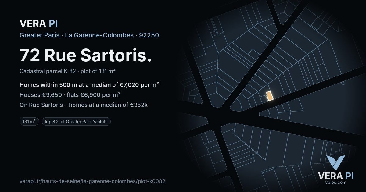 72 Rue Sartoris, La Garenne-Colombes at night – the plot lit, the parcels around coloured by the prices near them