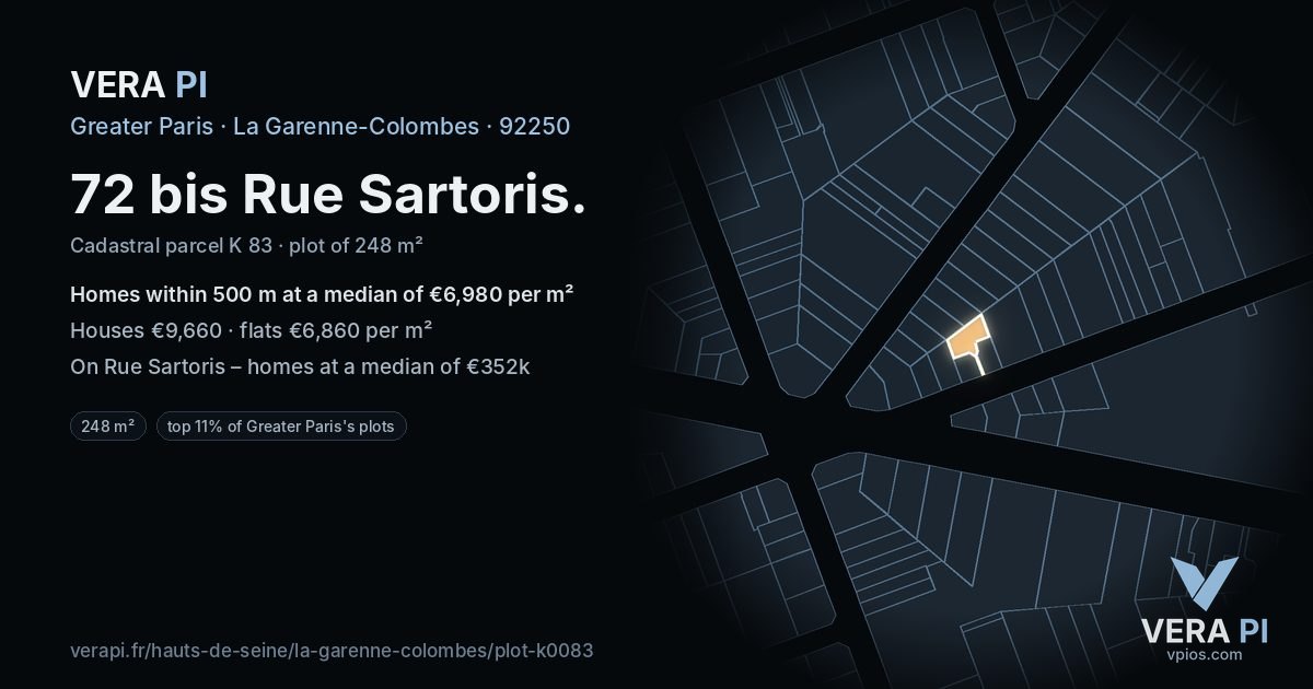 72 bis Rue Sartoris, La Garenne-Colombes at night – the plot lit, the parcels around coloured by the prices near them
