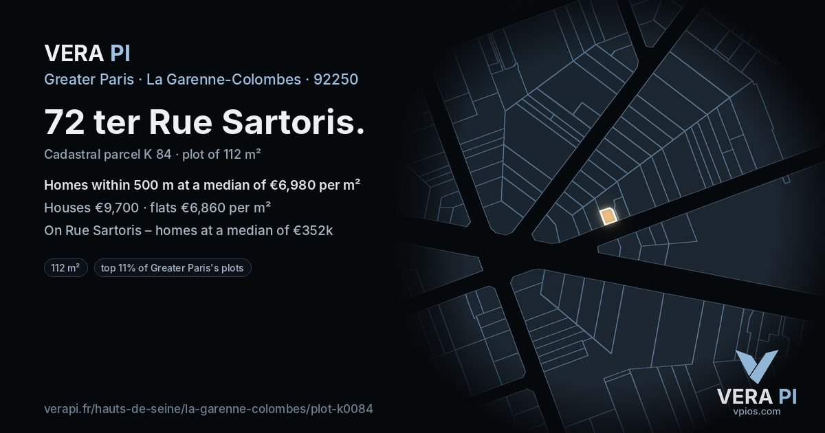 72 ter Rue Sartoris, La Garenne-Colombes at night – the plot lit, the parcels around coloured by the prices near them