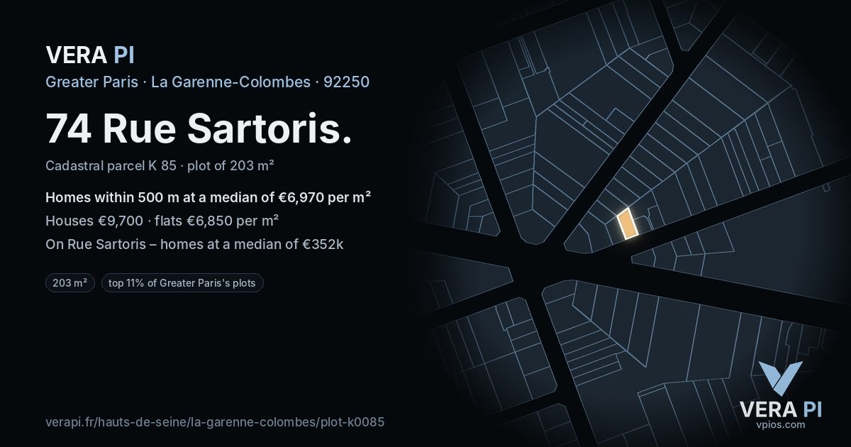 74 Rue Sartoris, La Garenne-Colombes at night – the plot lit, the parcels around coloured by the prices near them