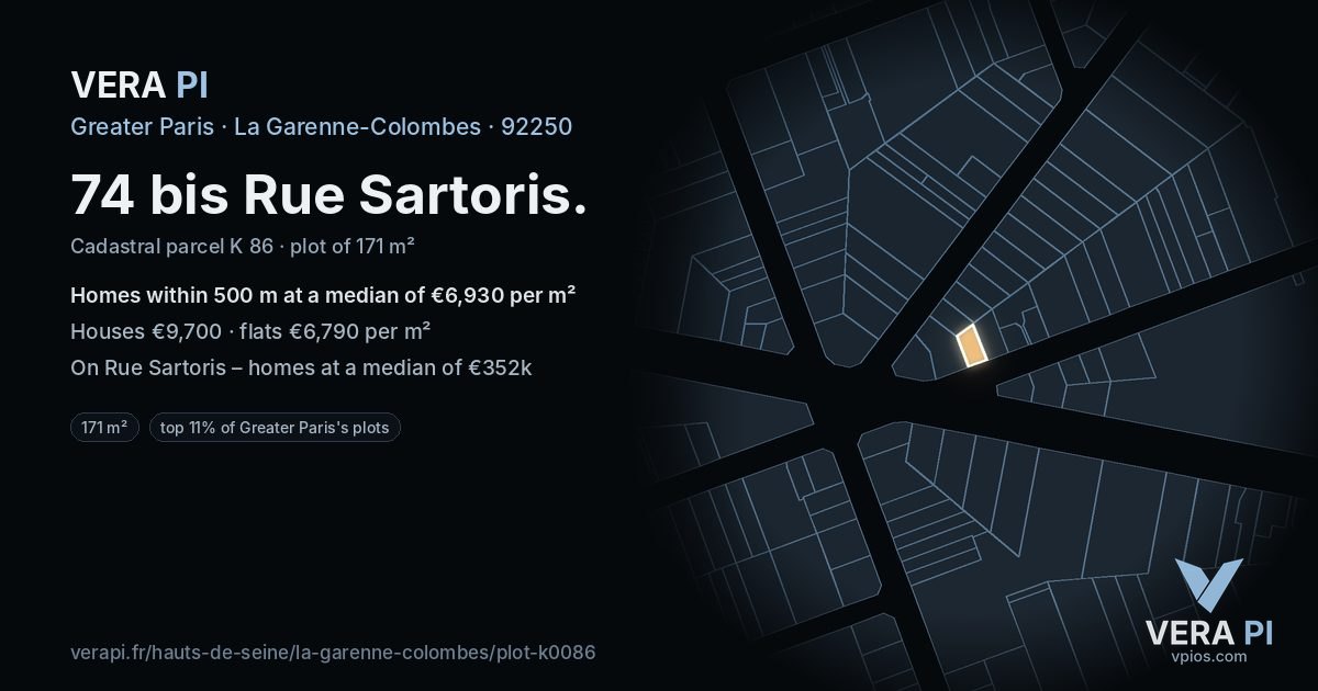 74 bis Rue Sartoris, La Garenne-Colombes at night – the plot lit, the parcels around coloured by the prices near them