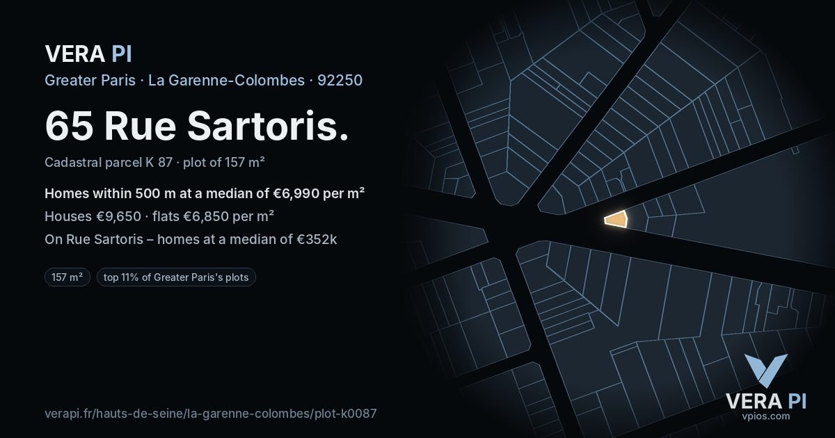 65 Rue Sartoris, La Garenne-Colombes at night – the plot lit, the parcels around coloured by the prices near them