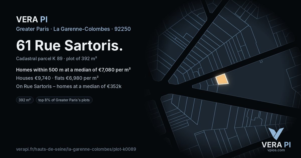 61 Rue Sartoris, La Garenne-Colombes at night – the plot lit, the parcels around coloured by the prices near them