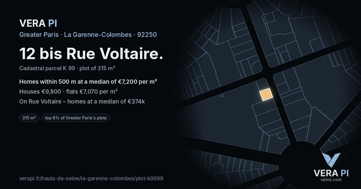 12 bis Rue Voltaire, La Garenne-Colombes at night – the plot lit, the parcels around coloured by the prices near them