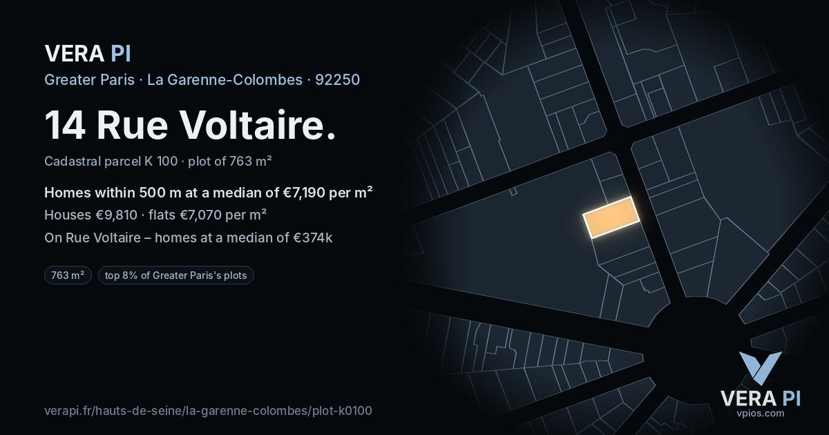 14 Rue Voltaire, La Garenne-Colombes at night – the plot lit, the parcels around coloured by the prices near them