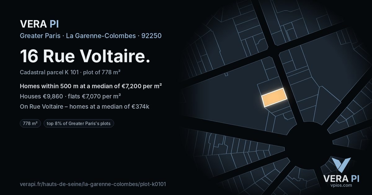 16 Rue Voltaire, La Garenne-Colombes at night – the plot lit, the parcels around coloured by the prices near them