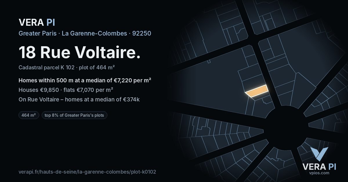 18 Rue Voltaire, La Garenne-Colombes at night – the plot lit, the parcels around coloured by the prices near them