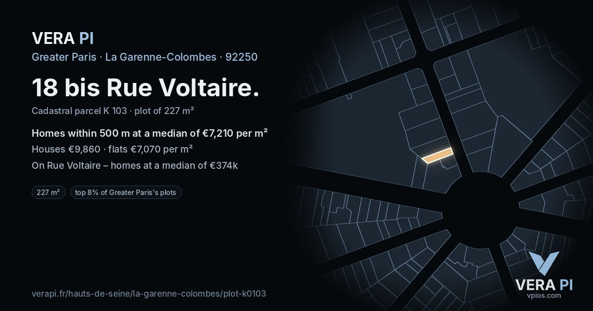 18 bis Rue Voltaire, La Garenne-Colombes at night – the plot lit, the parcels around coloured by the prices near them