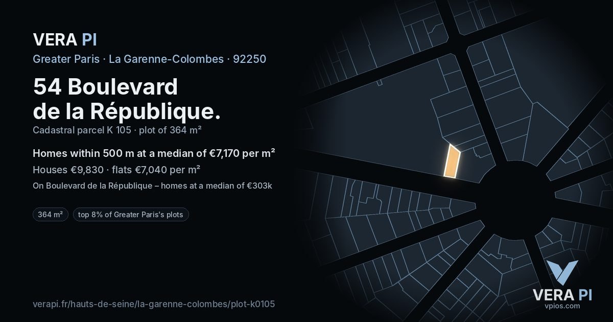 54 Boulevard de la République, La Garenne-Colombes at night – the plot lit, the parcels around coloured by the prices near them