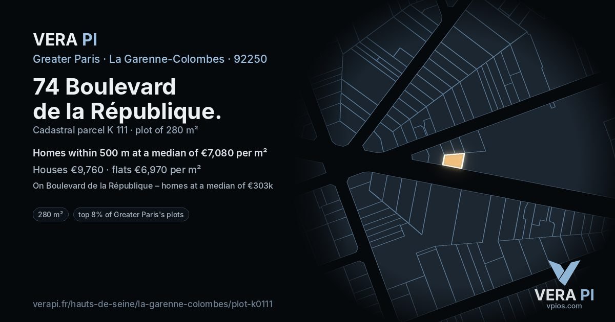 74 Boulevard de la République, La Garenne-Colombes at night – the plot lit, the parcels around coloured by the prices near them