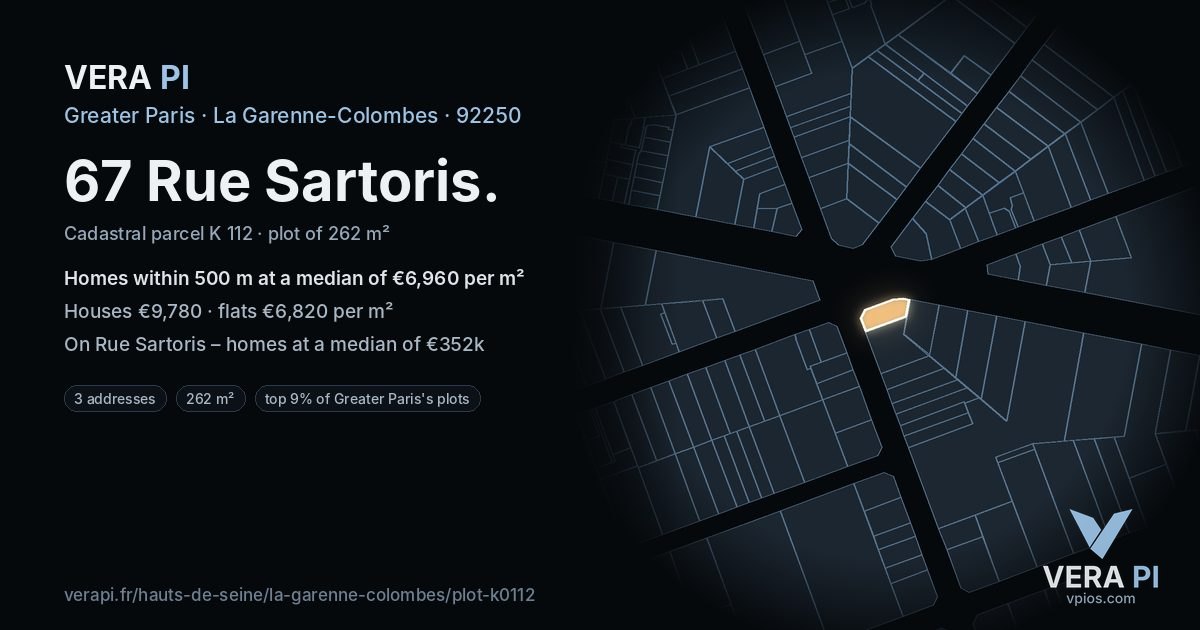 67 Rue Sartoris, La Garenne-Colombes at night – the plot lit, the parcels around coloured by the prices near them