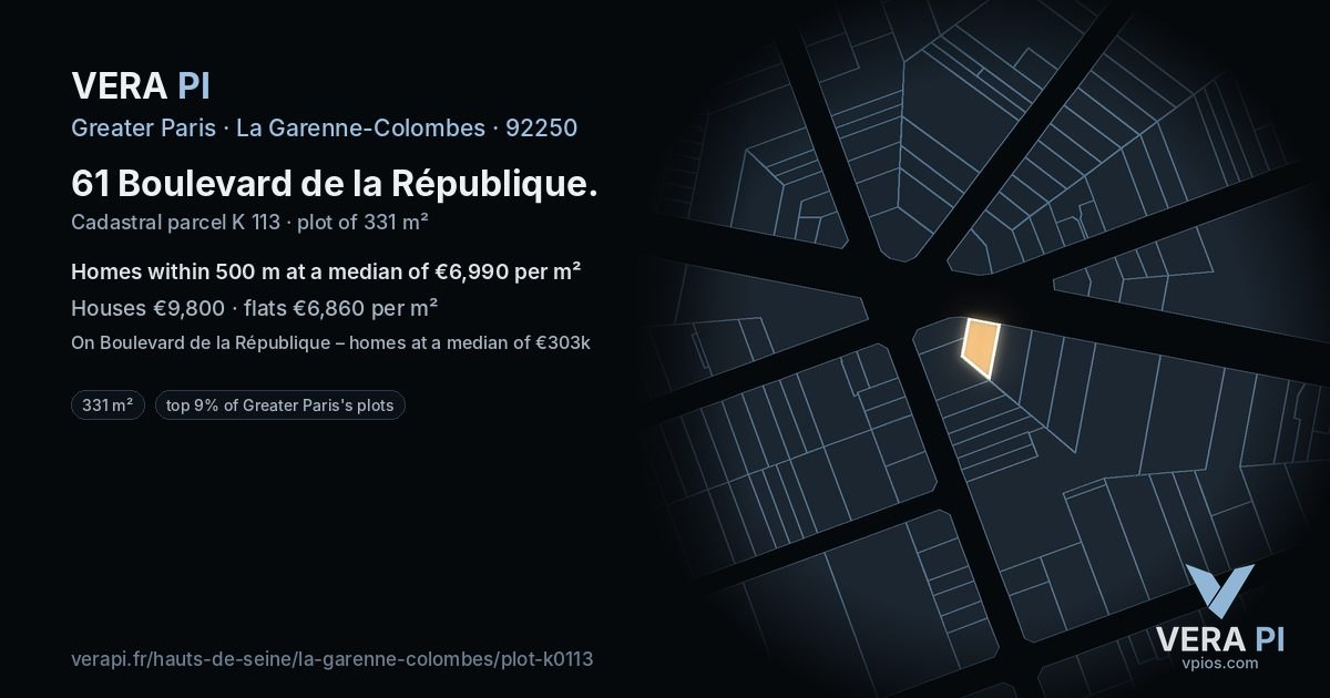 61 Boulevard de la République, La Garenne-Colombes at night – the plot lit, the parcels around coloured by the prices near them
