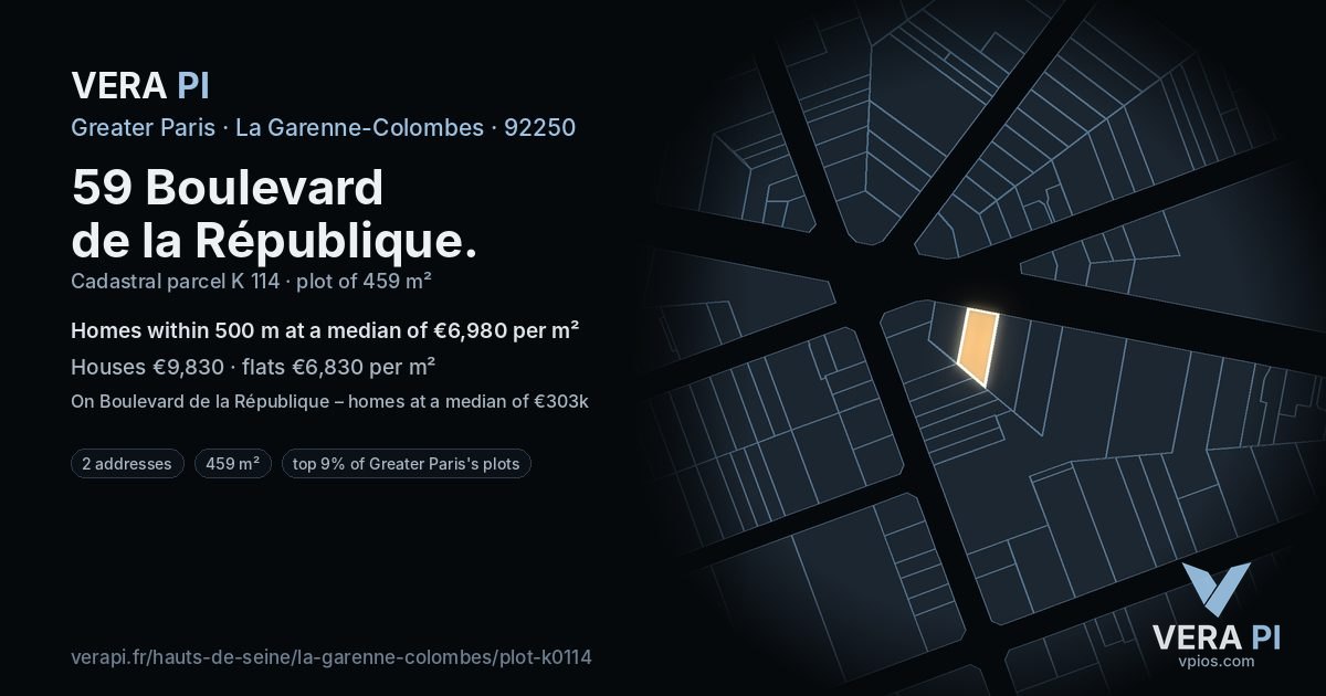 59 Boulevard de la République, La Garenne-Colombes at night – the plot lit, the parcels around coloured by the prices near them