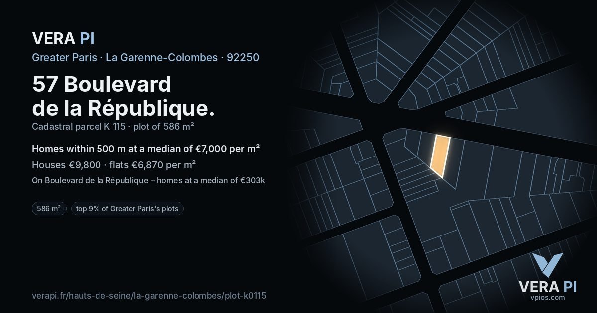 57 Boulevard de la République, La Garenne-Colombes at night – the plot lit, the parcels around coloured by the prices near them