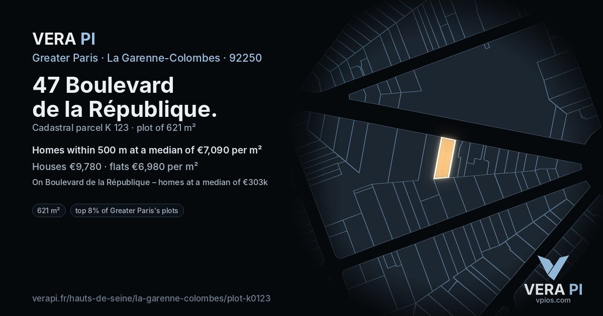 47 Boulevard de la République, La Garenne-Colombes at night – the plot lit, the parcels around coloured by the prices near them