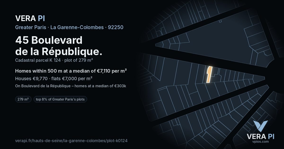 45 Boulevard de la République, La Garenne-Colombes at night – the plot lit, the parcels around coloured by the prices near them