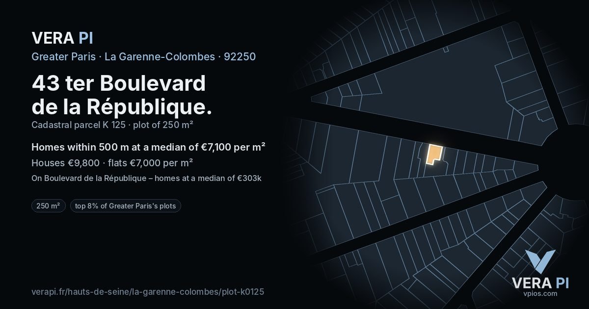 43 ter Boulevard de la République, La Garenne-Colombes at night – the plot lit, the parcels around coloured by the prices near them