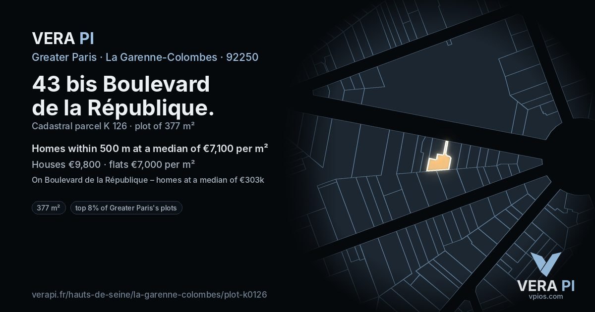 43 bis Boulevard de la République, La Garenne-Colombes at night – the plot lit, the parcels around coloured by the prices near them