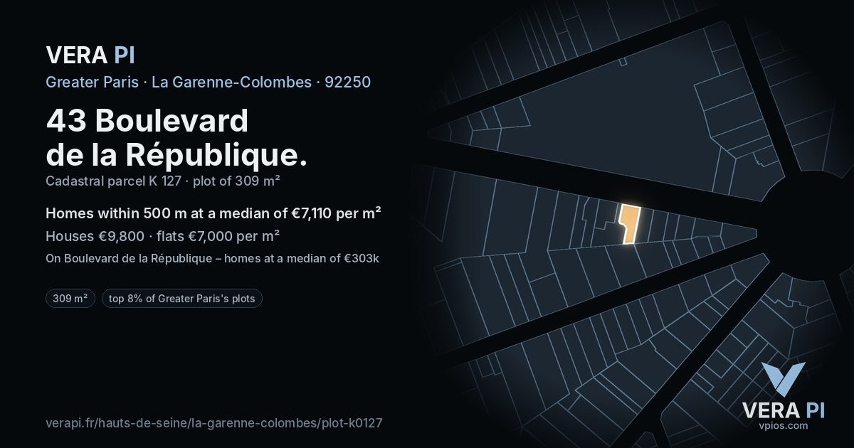 43 Boulevard de la République, La Garenne-Colombes at night – the plot lit, the parcels around coloured by the prices near them