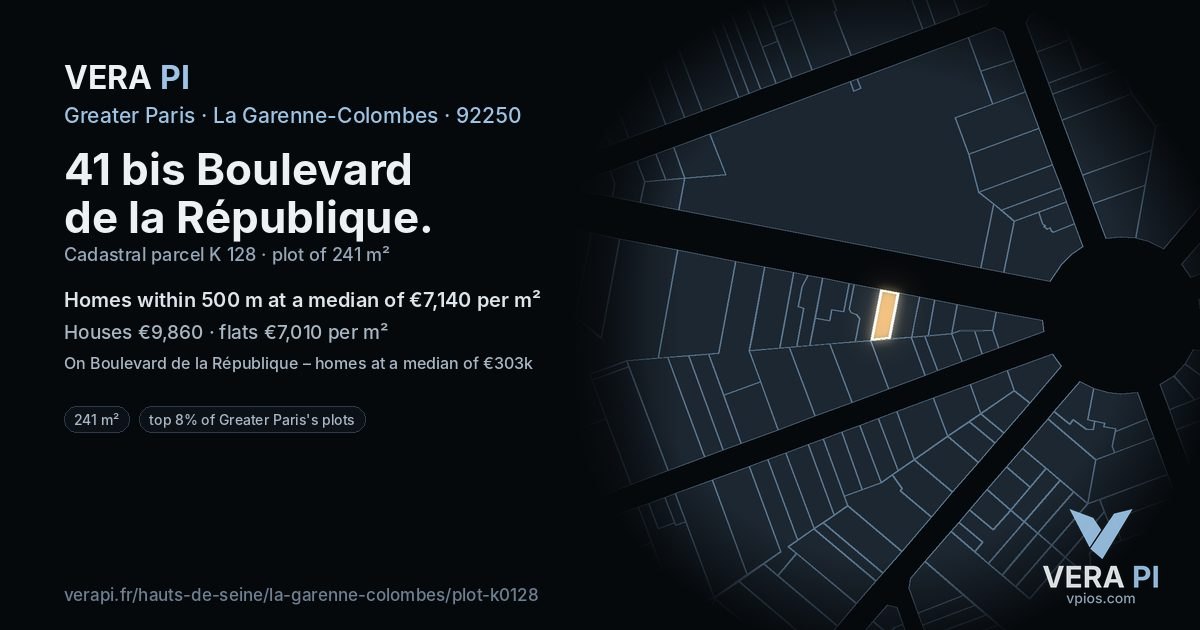 41 bis Boulevard de la République, La Garenne-Colombes at night – the plot lit, the parcels around coloured by the prices near them