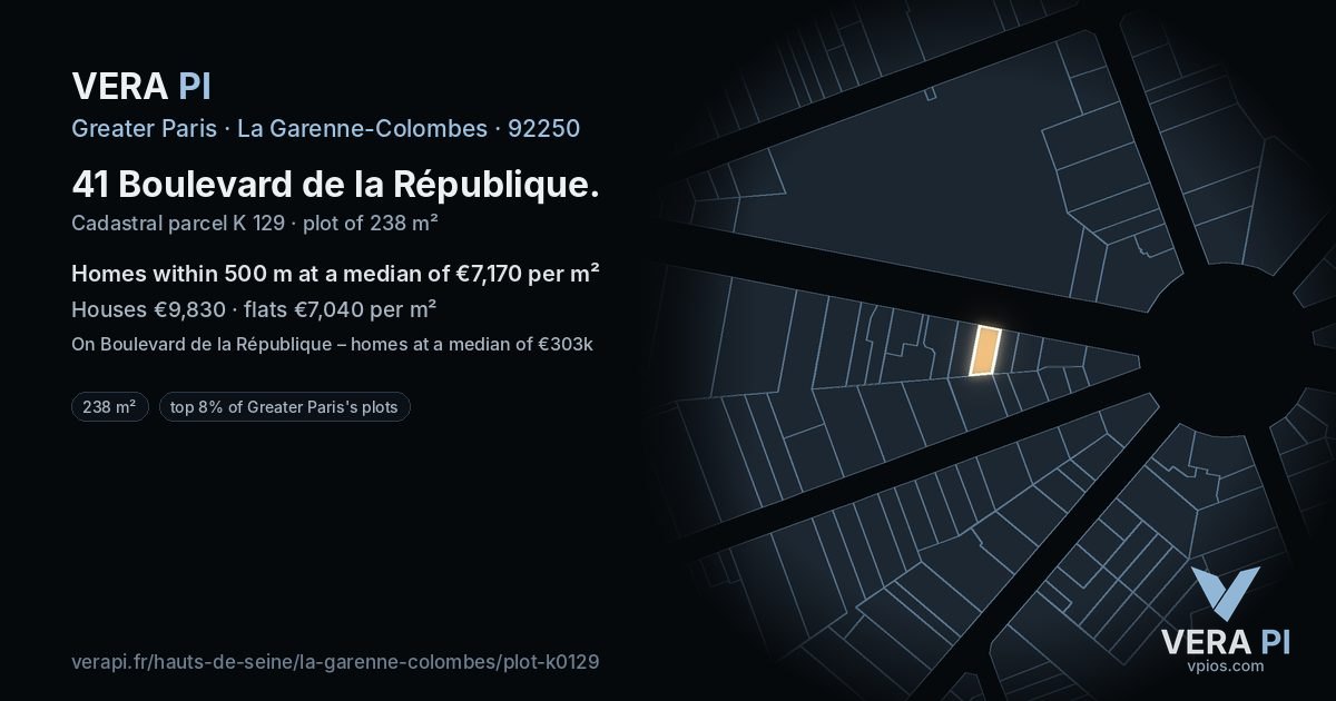 41 Boulevard de la République, La Garenne-Colombes at night – the plot lit, the parcels around coloured by the prices near them