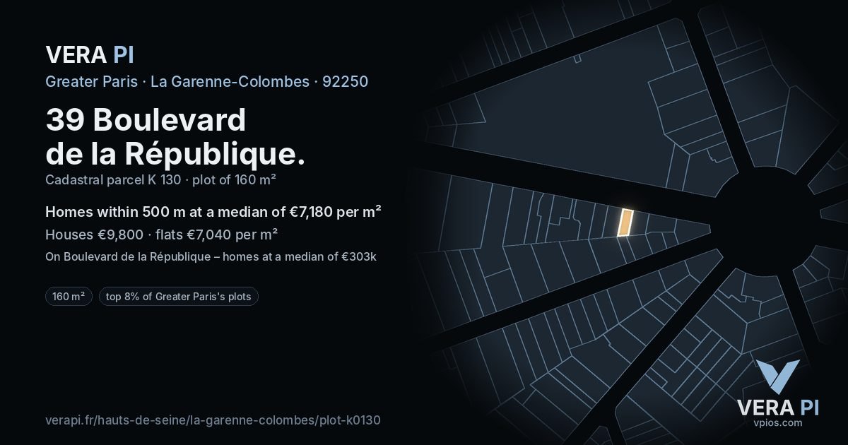 39 Boulevard de la République, La Garenne-Colombes at night – the plot lit, the parcels around coloured by the prices near them